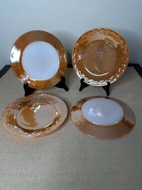 FIRE KING Laurel Leaf Peach Iridescent Lusterware Plates 9" Lot Of 4 Vintage MCM